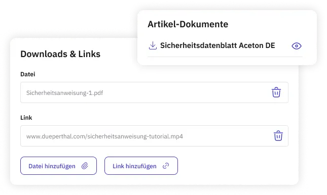 Downloads und Links für Sicherheitsdokumente, einschließlich einer PDF und einem Video-Link.