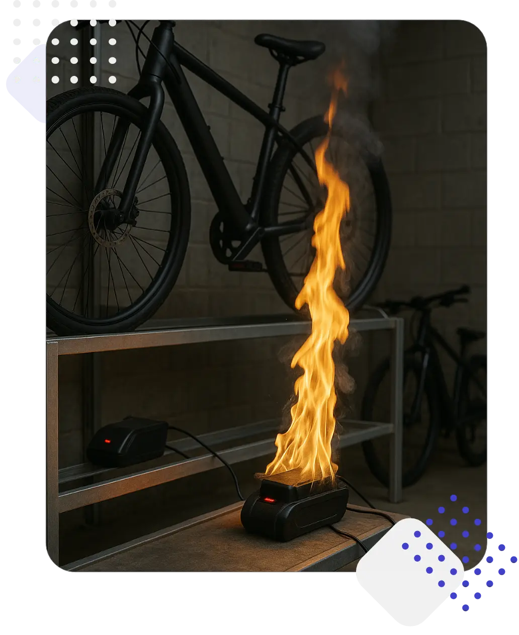 Ein brennendes Gerät auf einem Regal, während ein Fahrrad im Hintergrund steht.