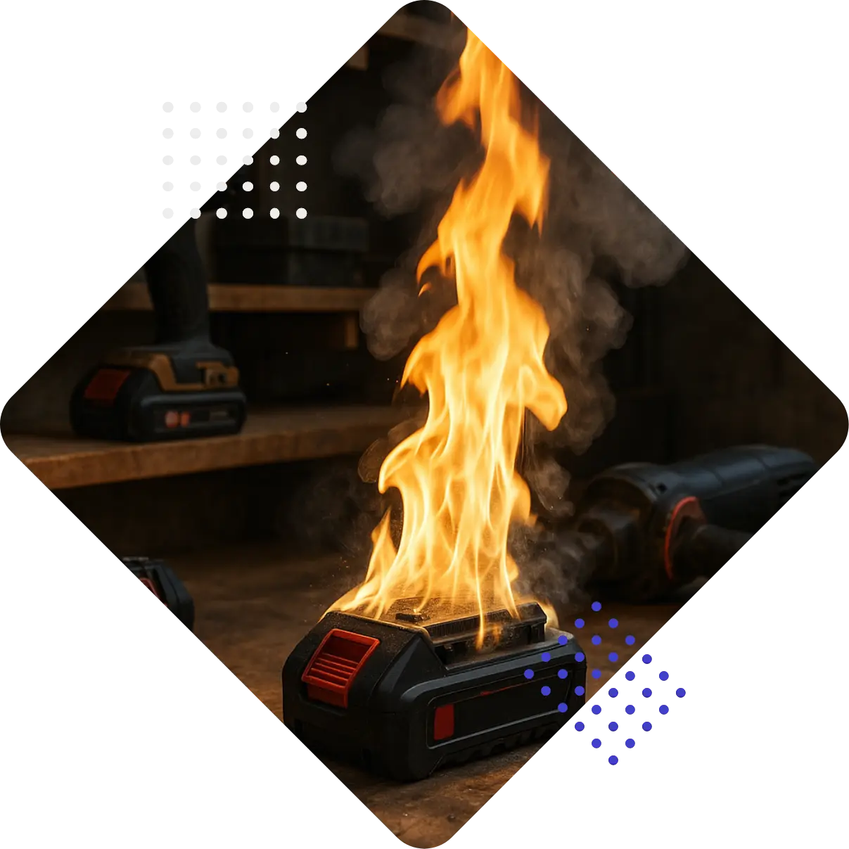 Eine brennende Batterie auf einem Werkstatttisch mit Flammen und Rauch. Im Hintergrund sind weitere Werkzeuge sichtbar.