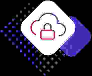 Sicherheits-Symbol mit Wolke und Schloss, vor einem blauen Hintergrund.