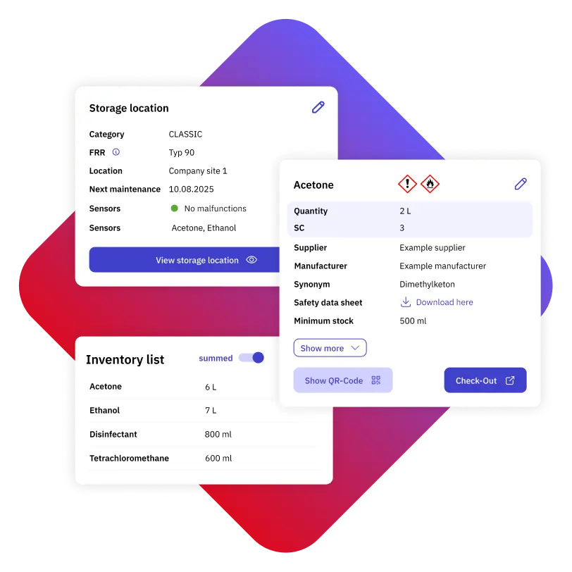 Inventory management interface showing storage location and chemical details, including acetone and ethanol quantities.