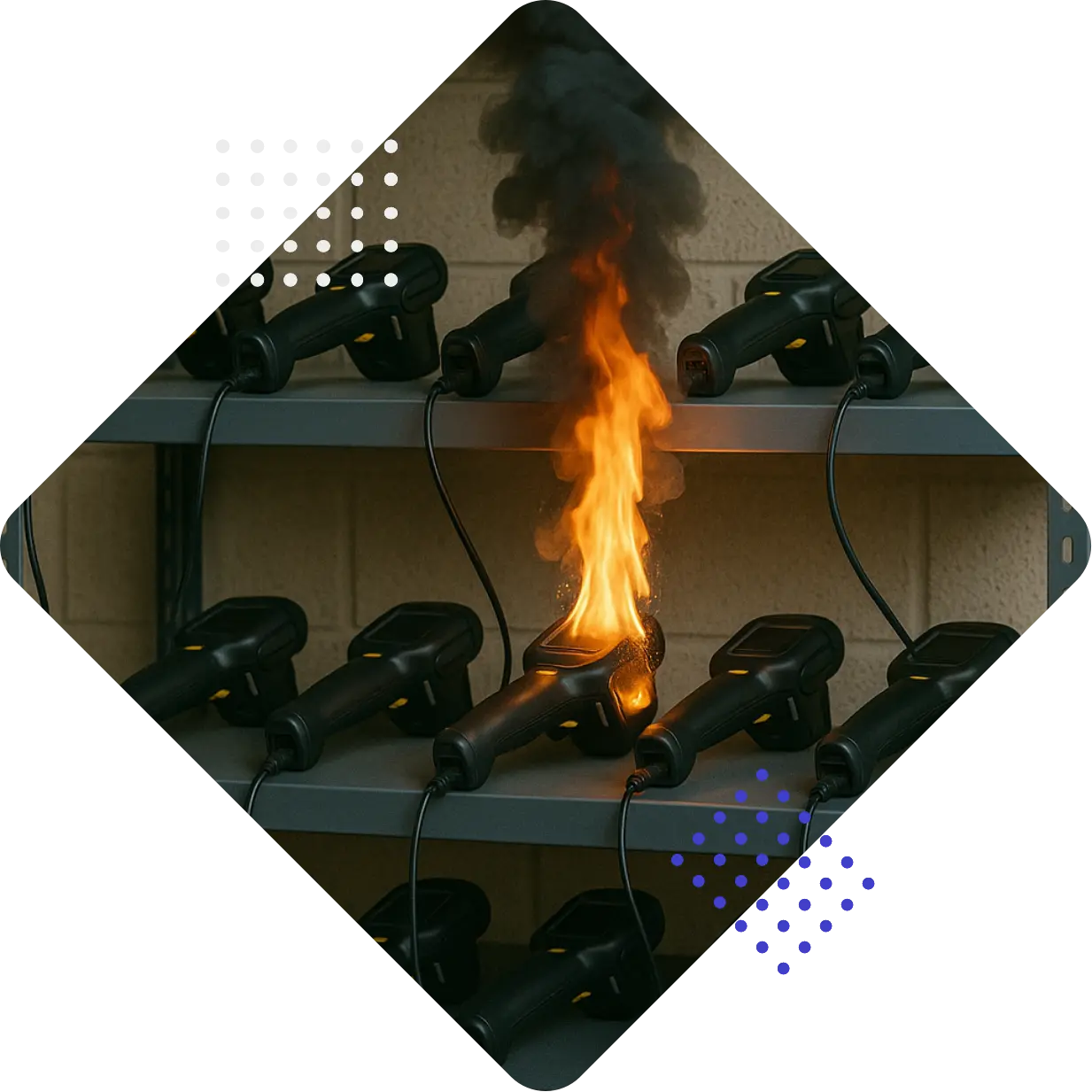 A shelf of black devices with one emitting flames and smoke.