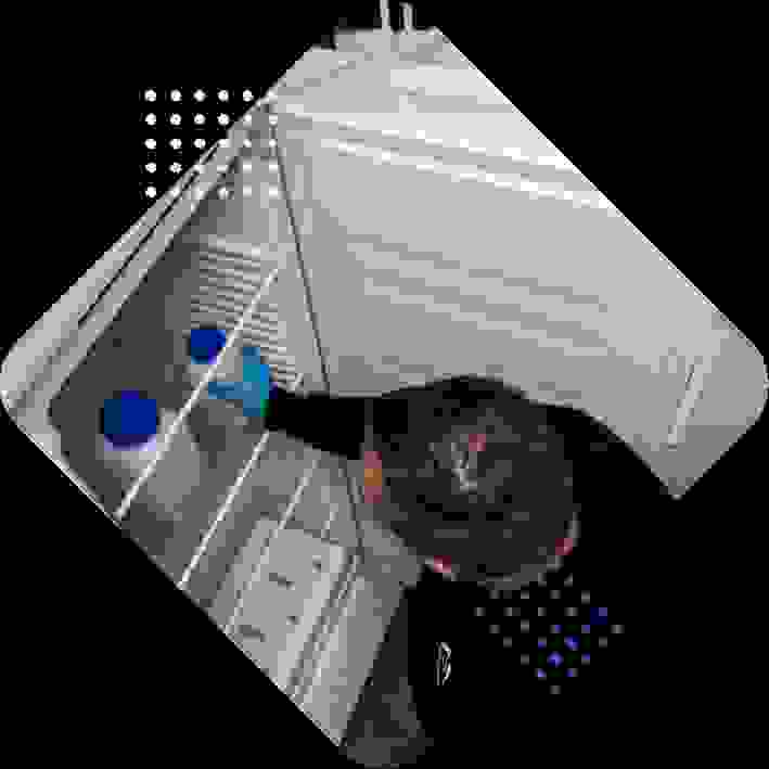 A person wearing blue gloves is reaching into a fridge to grab a container with a blue lid.