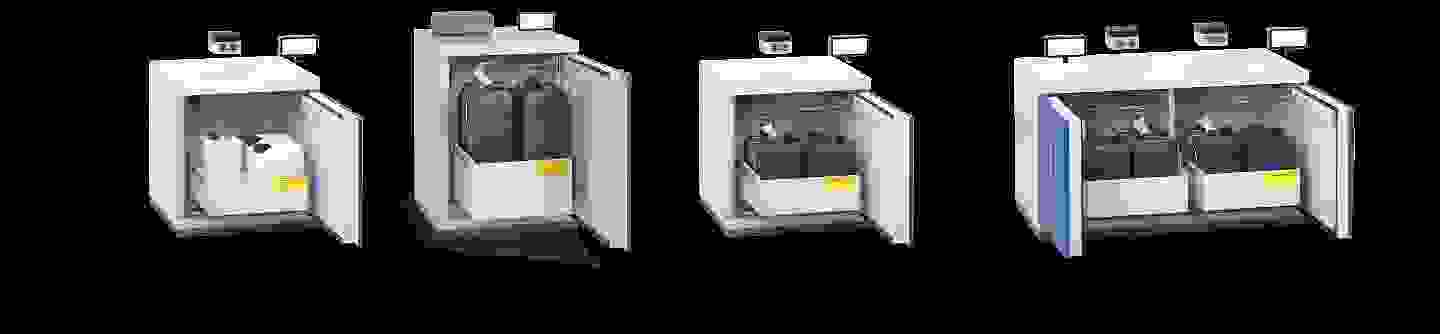 Four utility cabinets featuring various configurations and components inside, including tanks and controls, displayed with doors open to show internal setups.