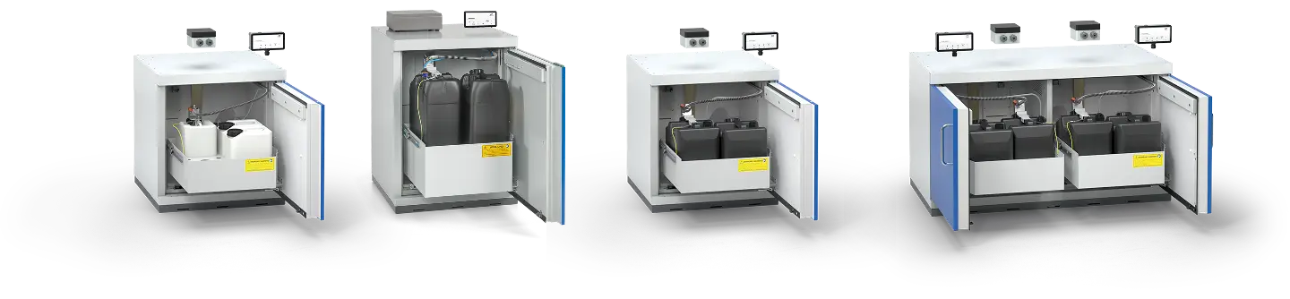 Four utility cabinets featuring various configurations and components inside, including tanks and controls, displayed with doors open to show internal setups.