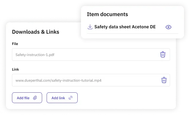 Downloads section showing links to a PDF and a video related to safety instructions for acetone.