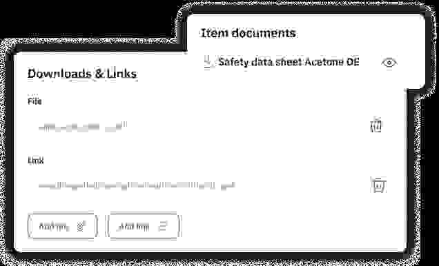 Downloads section showing links to a PDF and a video related to safety instructions for acetone.
