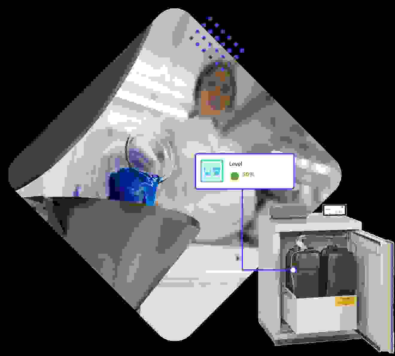 A laboratory scene featuring a person in a white coat pouring blue liquid into a funnel, accompanied by a monitor displaying a 50% liquid level in a container.