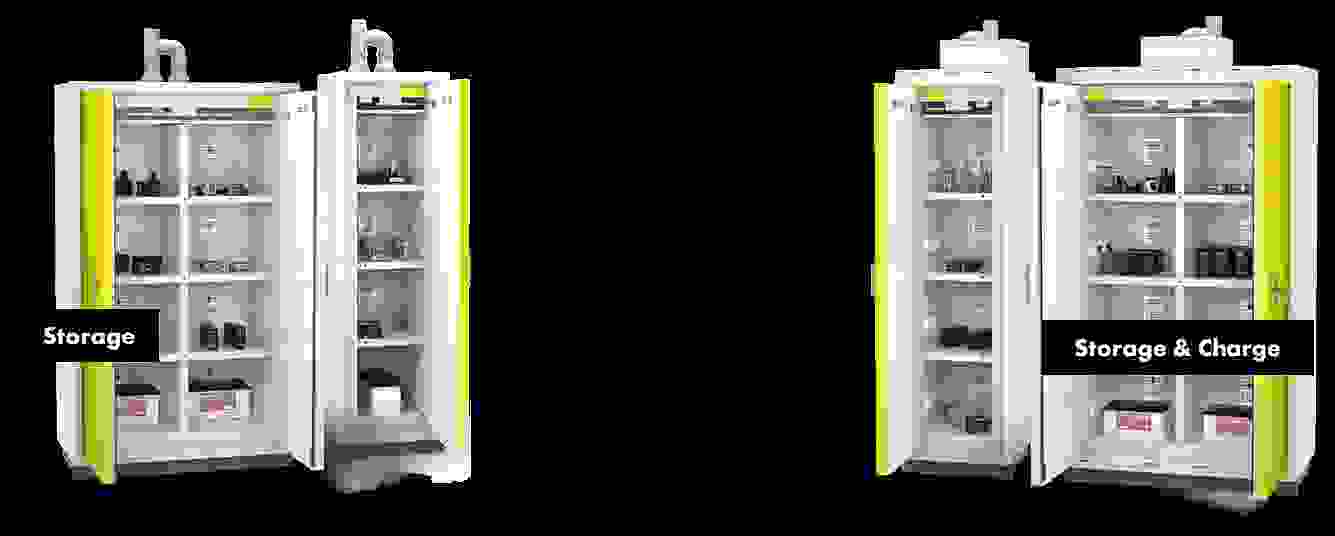 Two storage cabinets side by side; the left cabinet labeled 