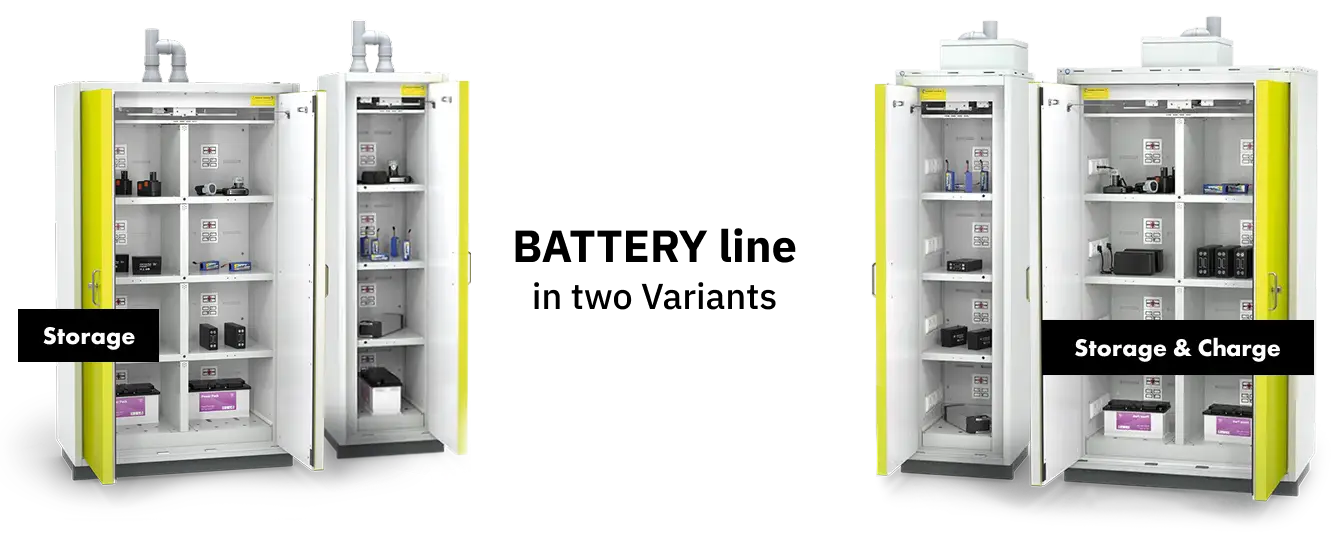 Two storage cabinets side by side; the left cabinet labeled 