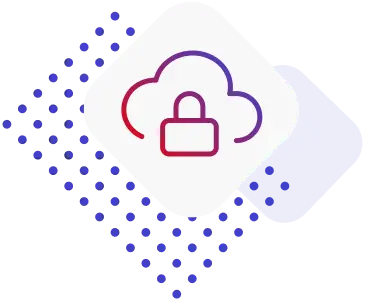Graphic featuring a cloud icon with a padlock, symbolizing cloud security, set against a colorful background.